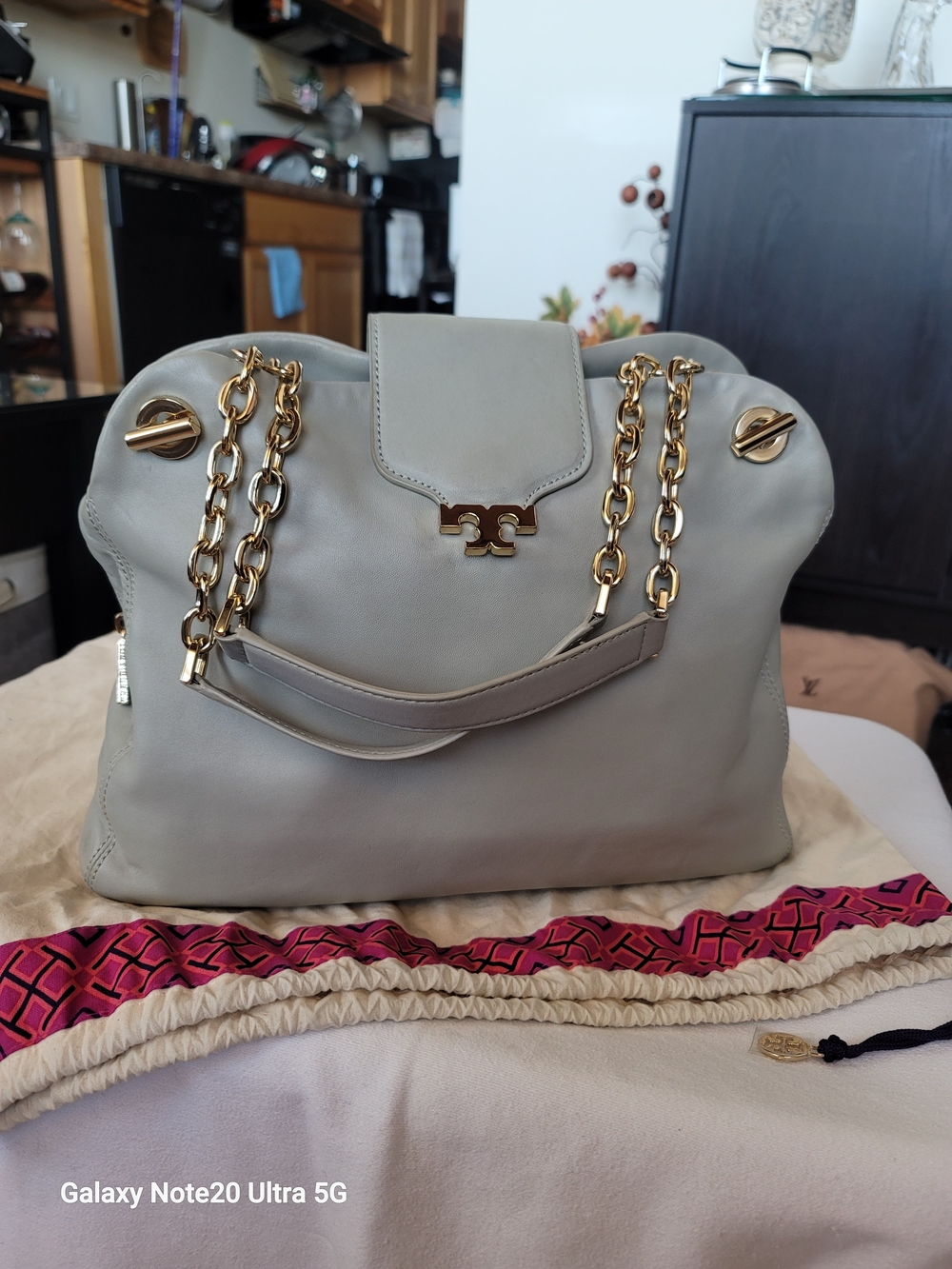 Tory Burch Blue Gray Leather Chain-Handle Satchel